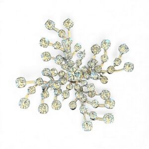 Vintage Clear Rhinestone Prong Set Flower Brooch Pendant Pin Silver Toned‎